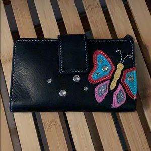Fossil Black Butterfly Leather Tri-Fold Wallet